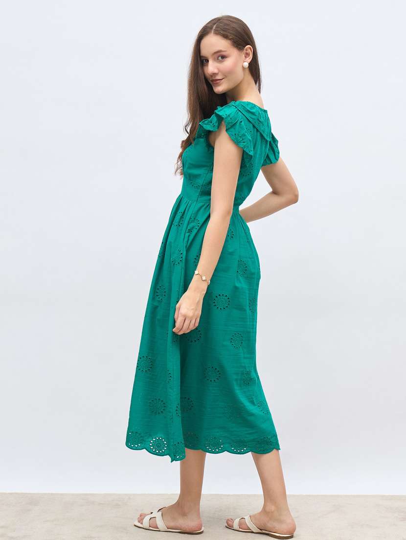 women solid ruffle sleeve schiffli fit & flare dress - 22083484 -  Standard Image - 3