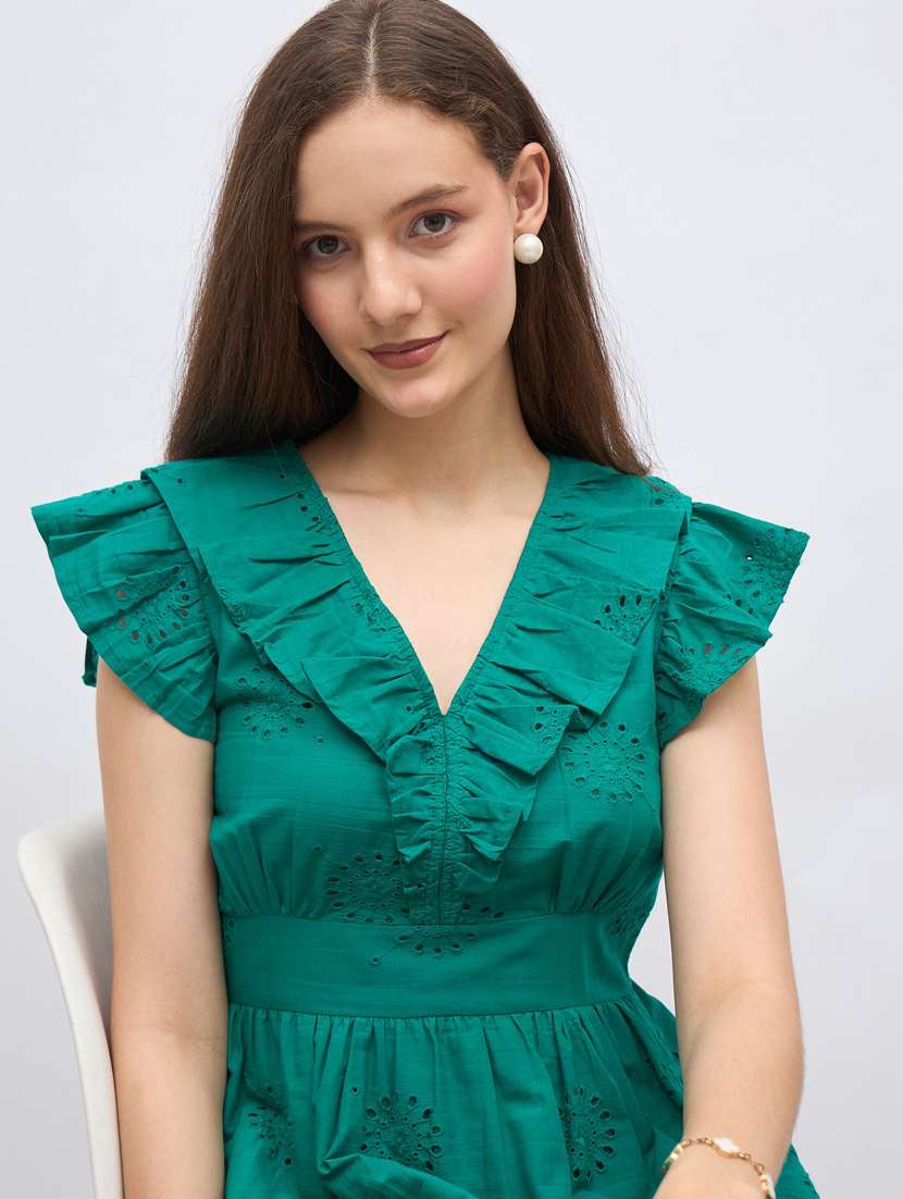 women solid ruffle sleeve schiffli fit & flare dress - 22083484 -  Standard Image - 5