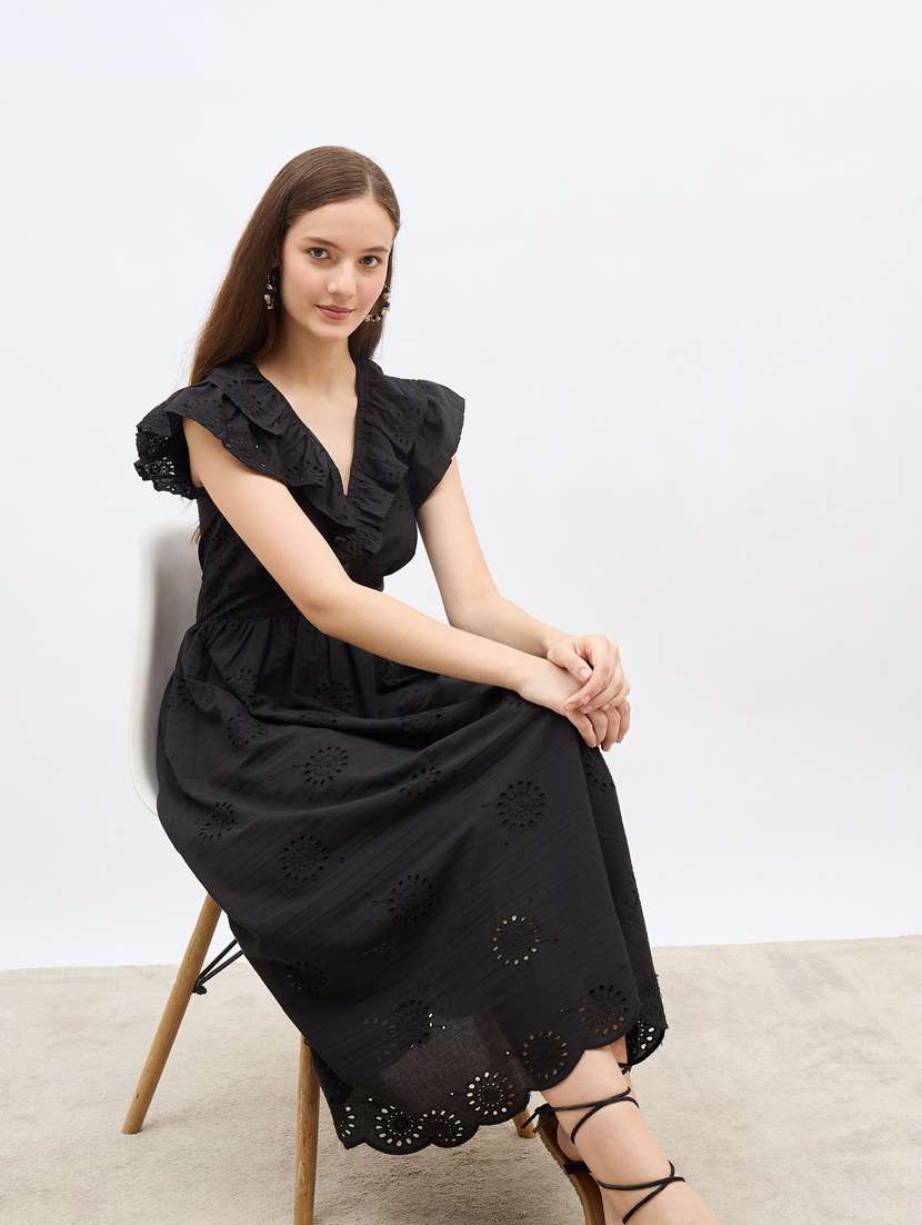 women solid ruffle sleeve schiffli fit & flare dress - 22083485 -  Standard Image - 3