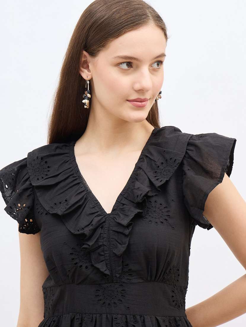 women solid ruffle sleeve schiffli fit & flare dress - 22083485 -  Standard Image - 5