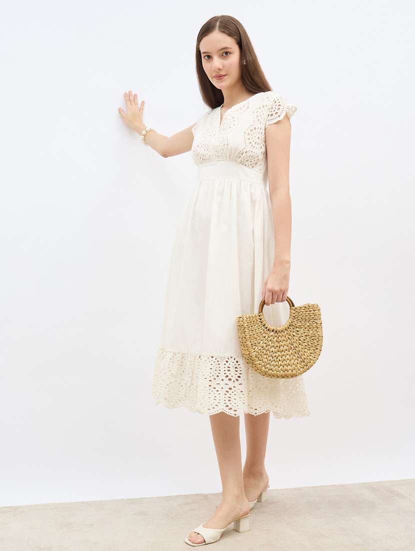women solid cap sleeve lace a-line dress