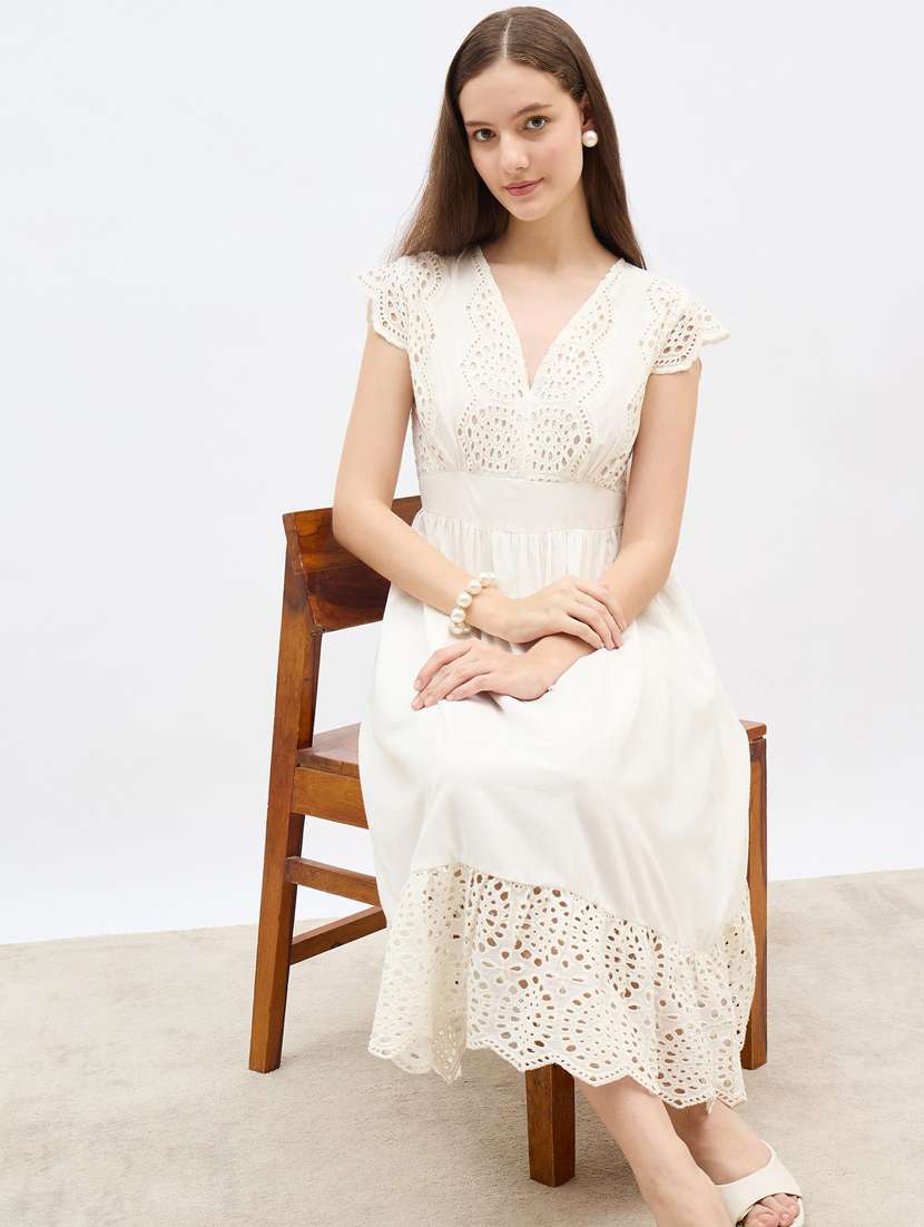 women solid cap sleeve lace a-line dress - 22083486 -  Standard Image - 3
