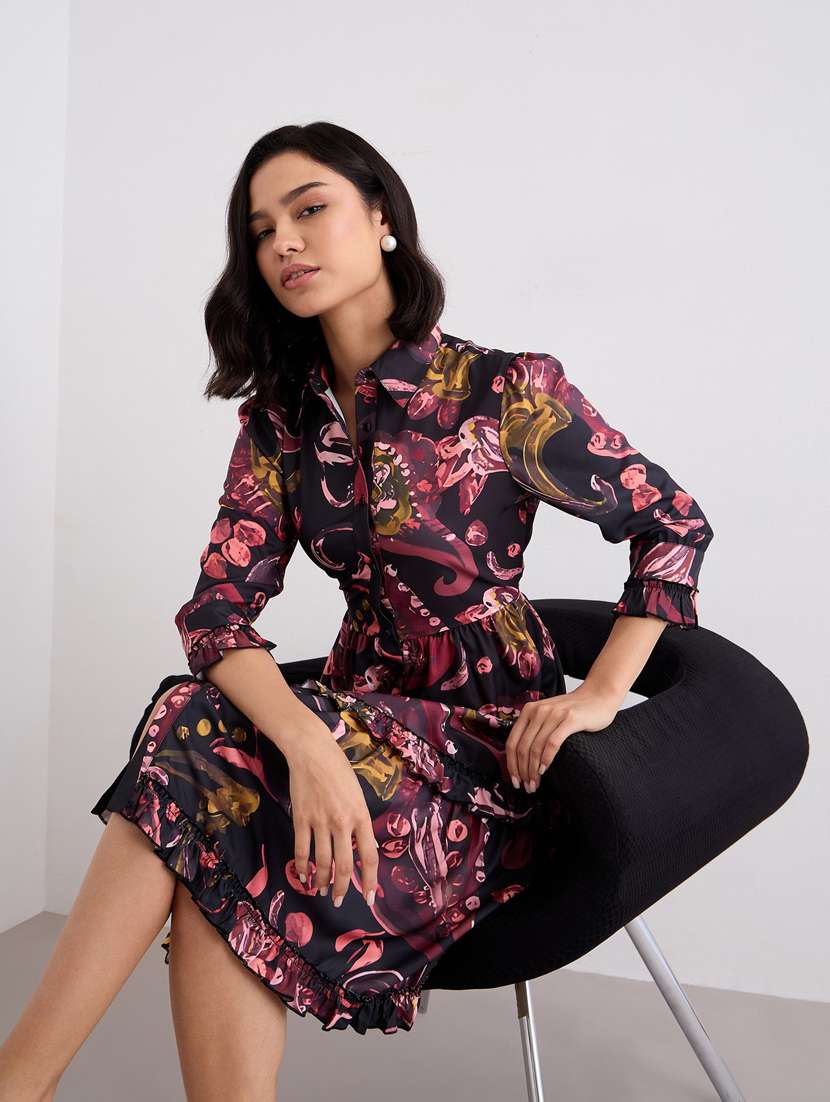 women printed collared three quarter sleeve tiered dress - 22083490 -  Standard Image - 3