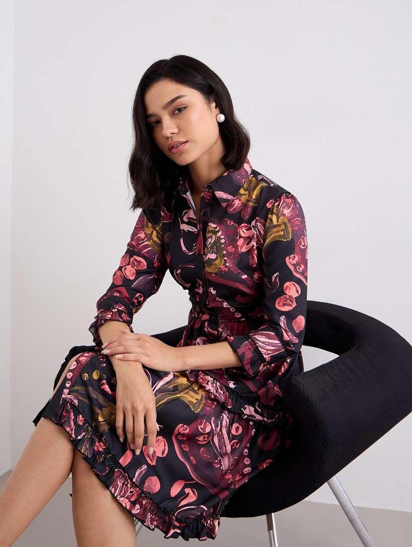 women printed collared three quarter sleeve tiered dress - 22083490 -  Standard Image - 5