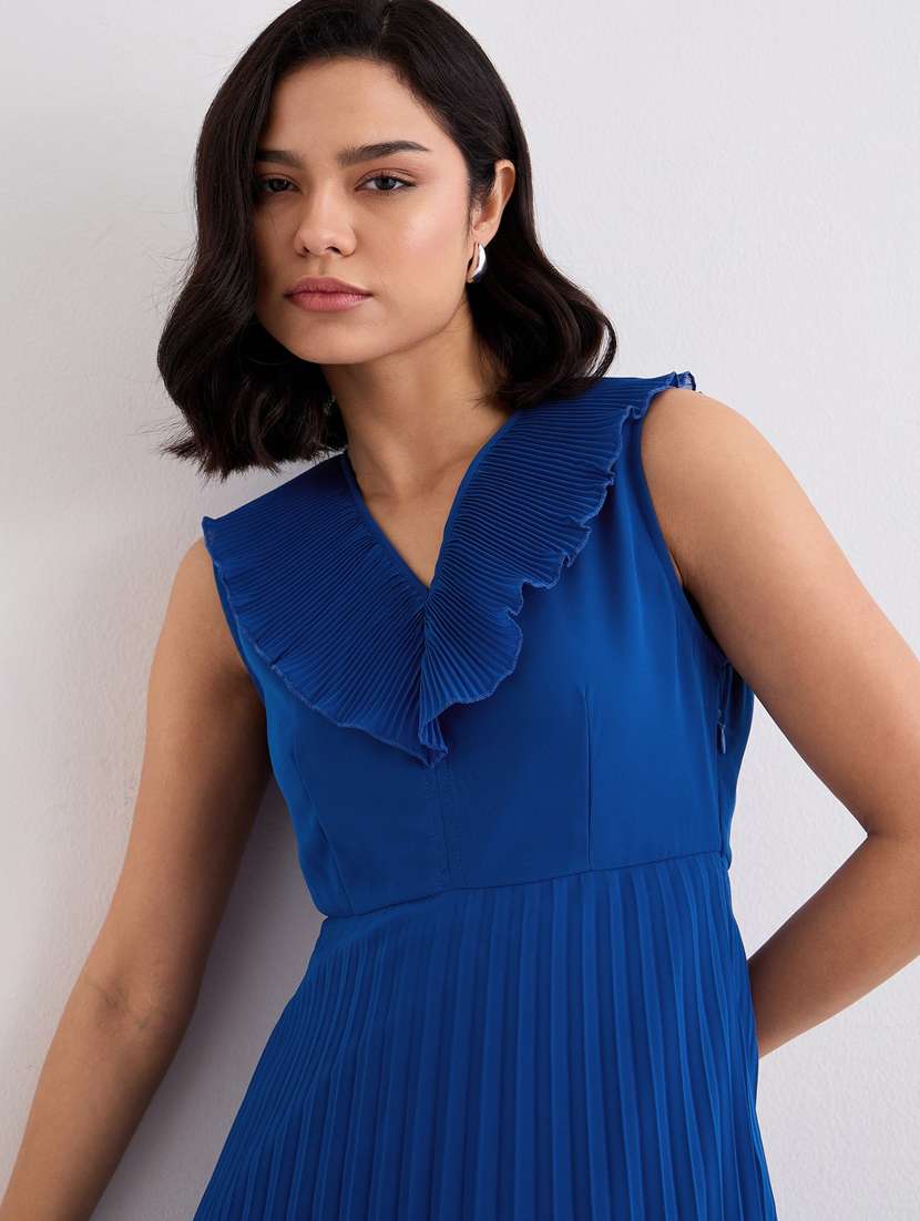 women blue solid sleeveless a-line dress - 22083492 -  Standard Image - 5