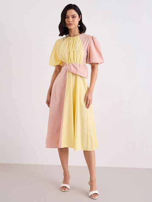 women color blocked puff sleeve cut out a-line dress - 22083493 - Standard Image - 0