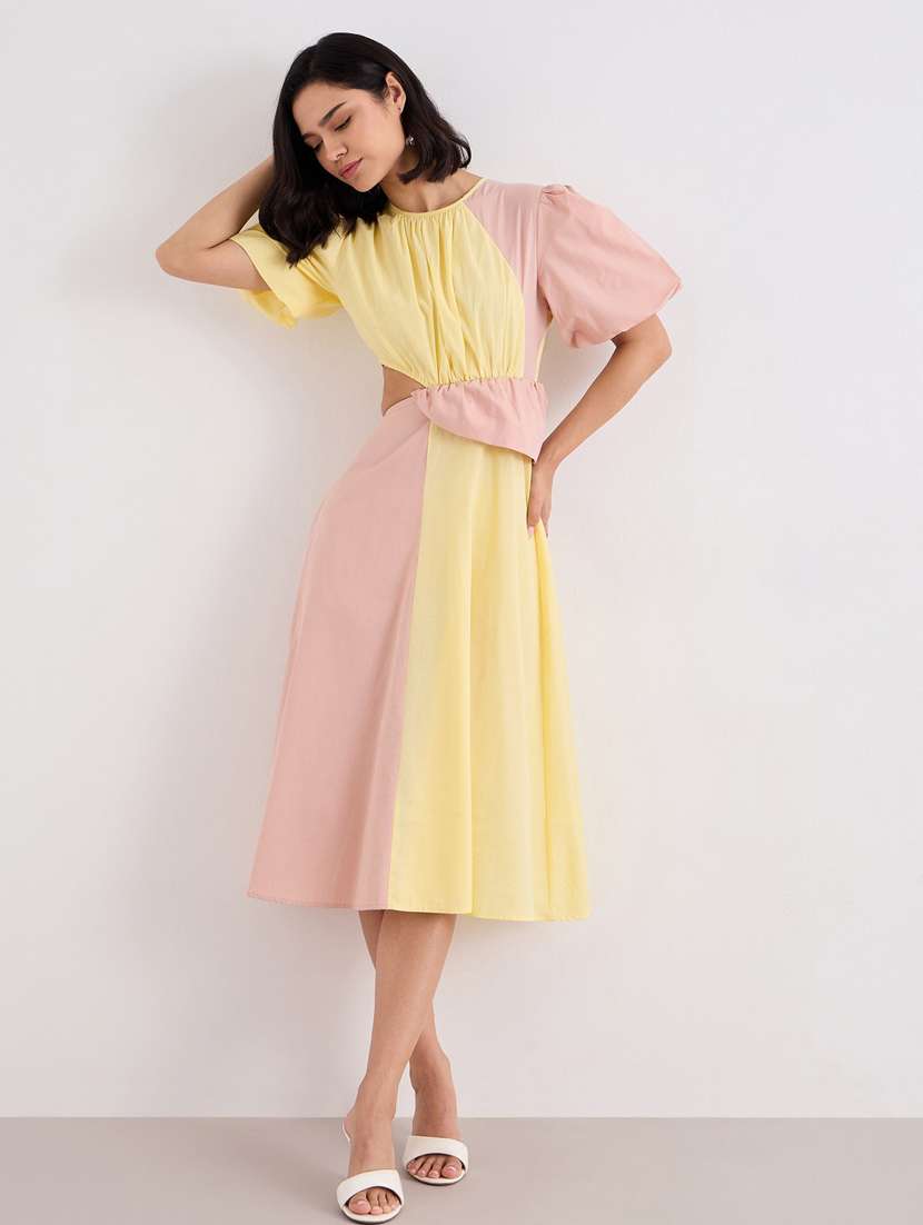 women color blocked puff sleeve cut out a-line dress - 22083493 - Standard Image - 3