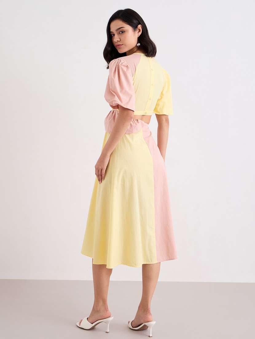 women color blocked puff sleeve cut out a-line dress - 22083493 - Standard Image - 5
