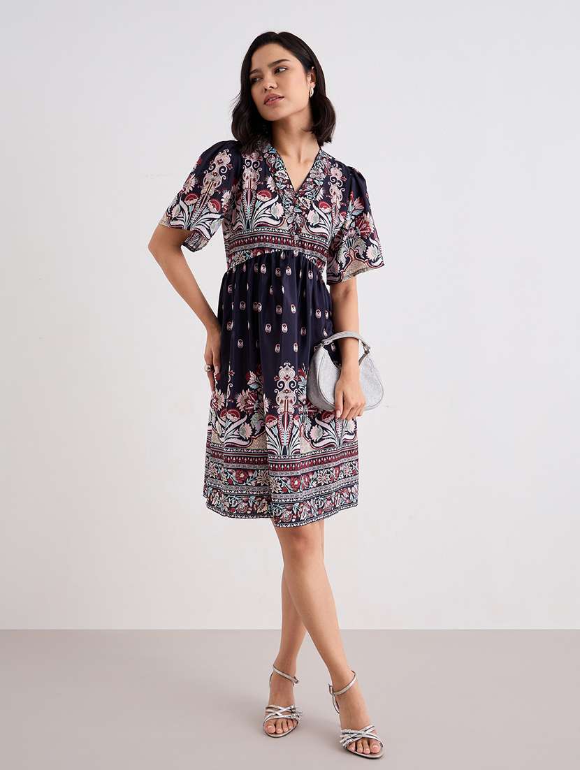 women printed bell sleeve a-line dress