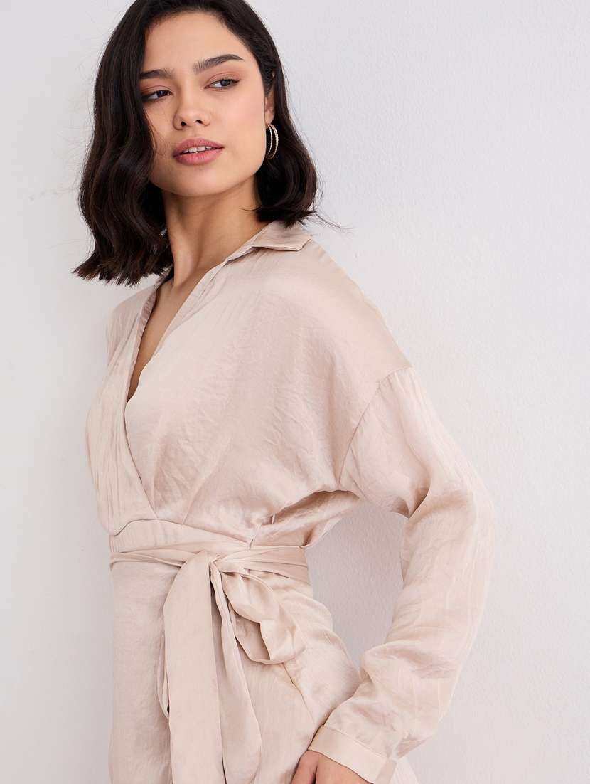 women beige solid collared long sleeve wrap dress - 22083496 - Standard Image - 5
