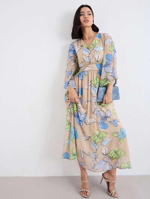 women printed bell sleeve a-line maxi dress - 22083497 - Standard Image - 0