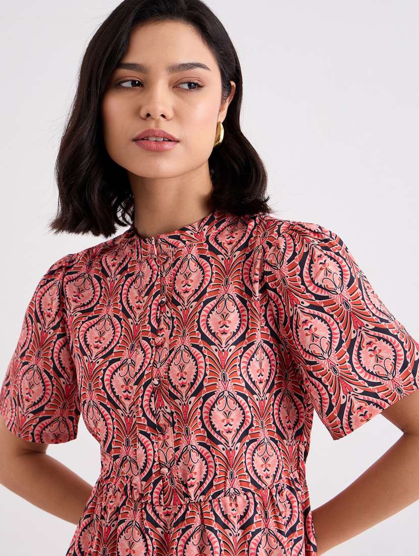 women printed puff sleeve tiered dress - 22083500 - Standard Image - 5
