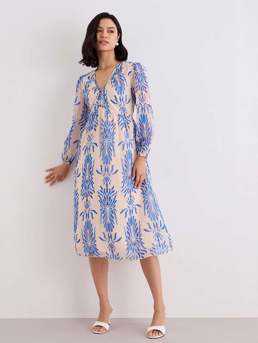 women printed puff sleeve a-line dress