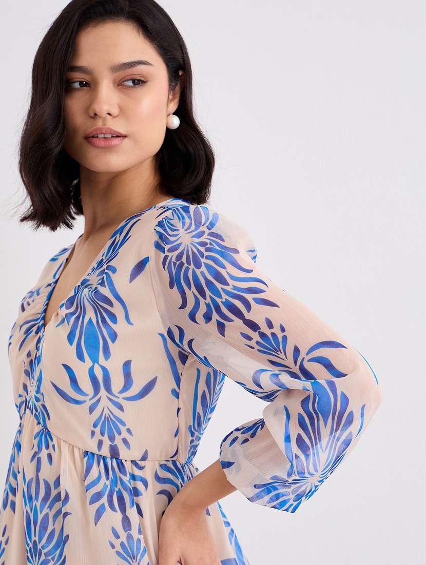 women printed puff sleeve a-line dress - 22083501 -  Standard Image - 5