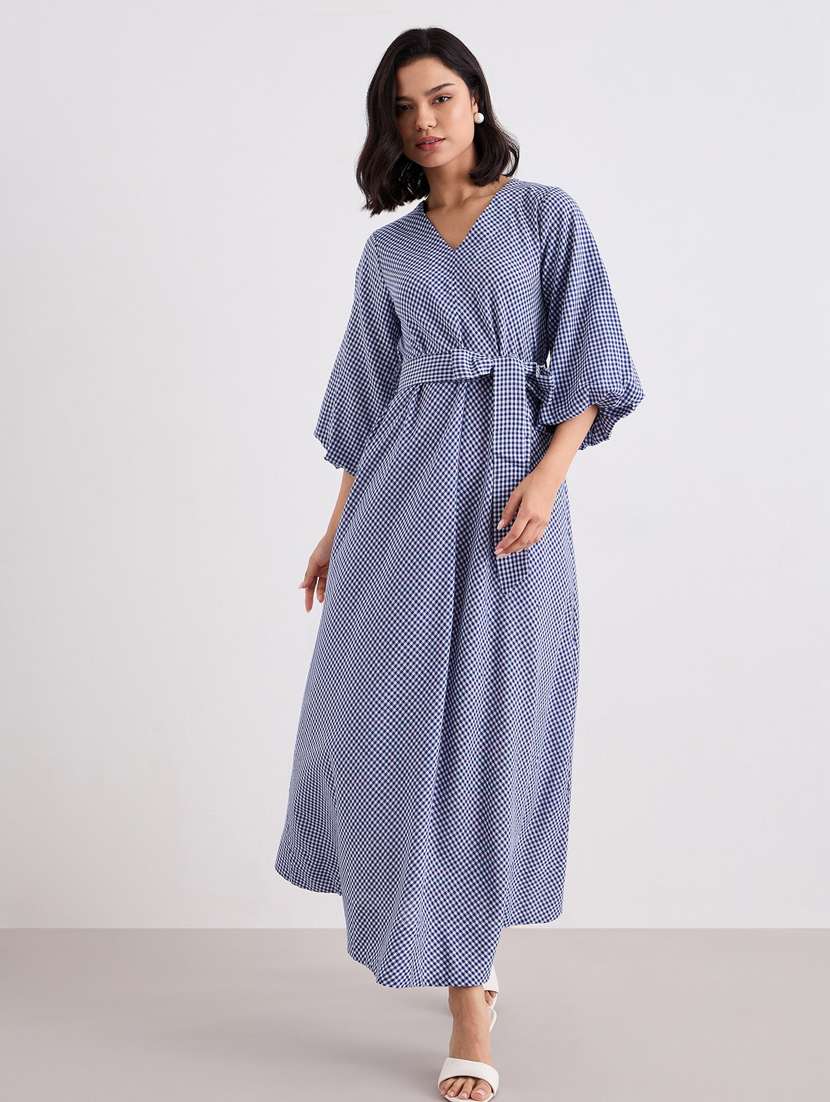 women checkered puff sleeve belted a-line dress - 22083504 -  Zoom Image - 0