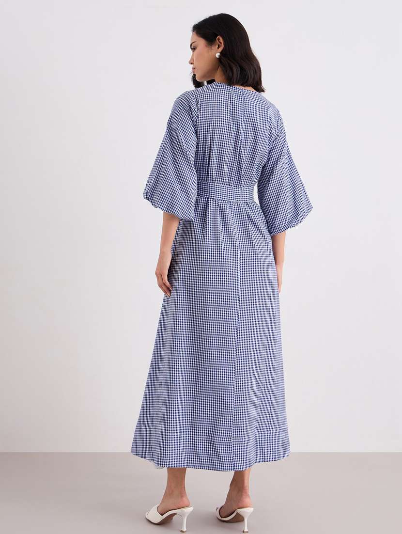 women checkered puff sleeve belted a-line dress - 22083504 -  Standard Image - 3