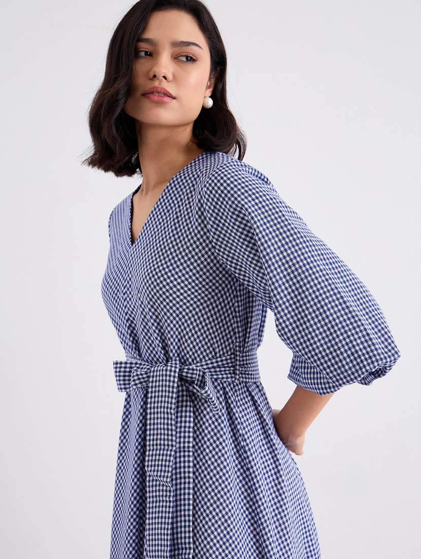 women checkered puff sleeve belted a-line dress - 22083504 -  Standard Image - 5