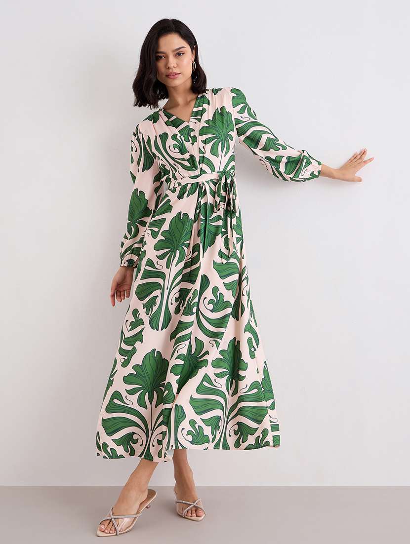women printed puff sleeve belted a-line dress