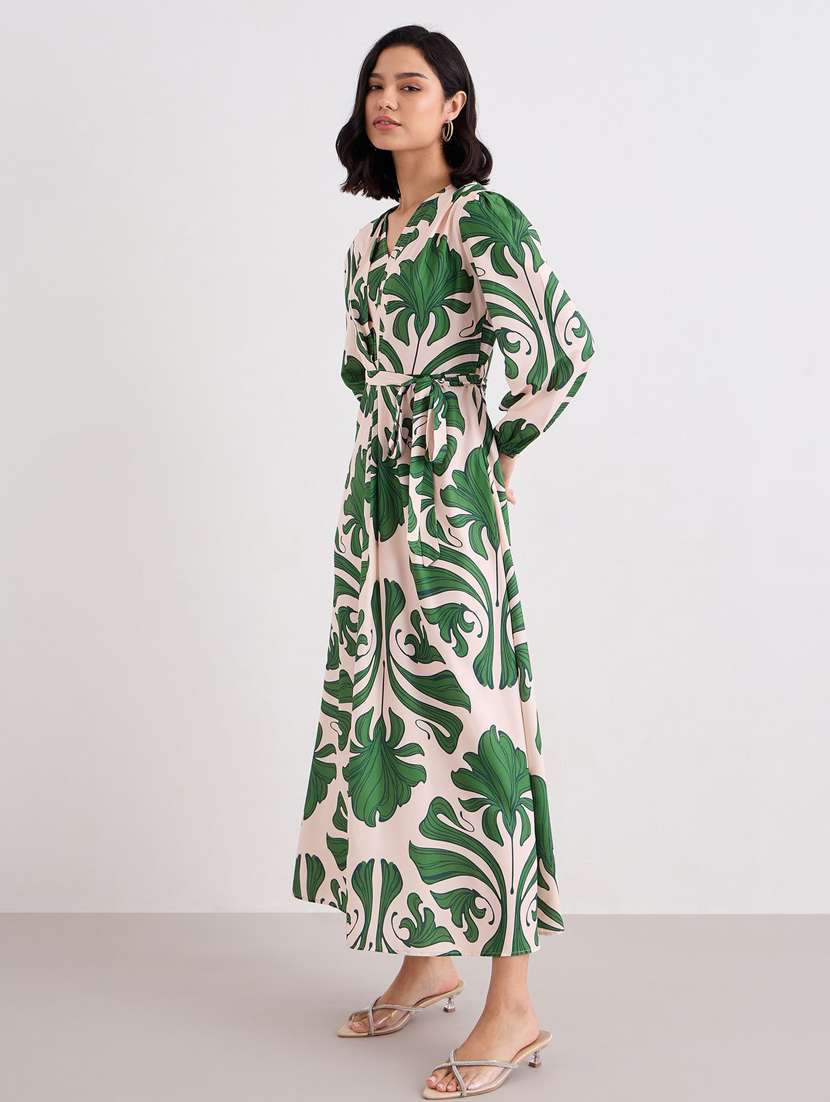 women printed puff sleeve belted a-line dress - 22083506 -  Standard Image - 3