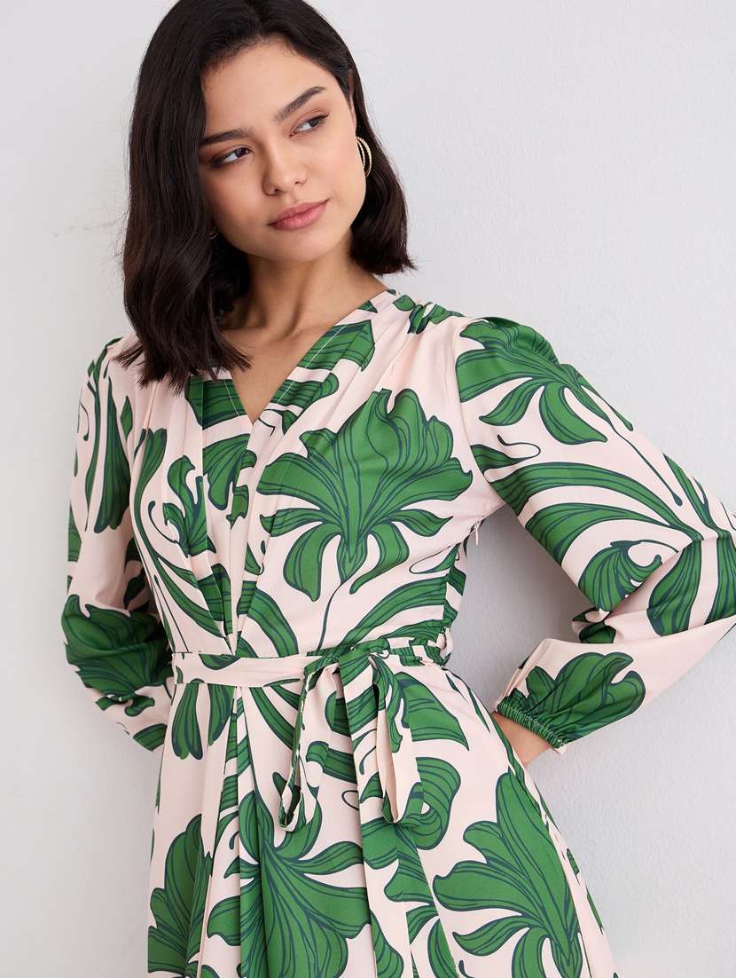 women printed puff sleeve belted a-line dress - 22083506 -  Standard Image - 5