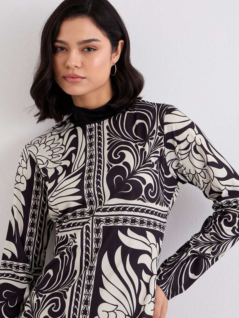 women printed mock neck long sleeve sheath  dress - 22083507 -  Standard Image - 5