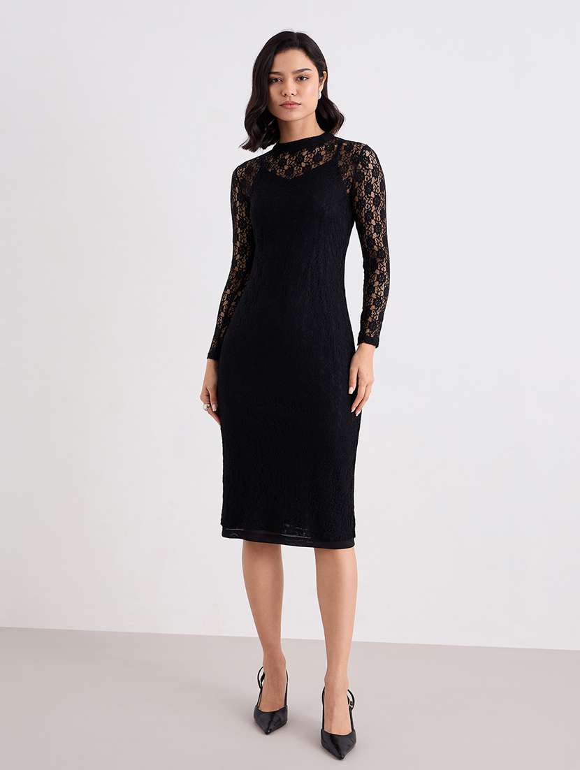 women black long sleeve lace dress with slip - 22083511 -  Zoom Image - 0