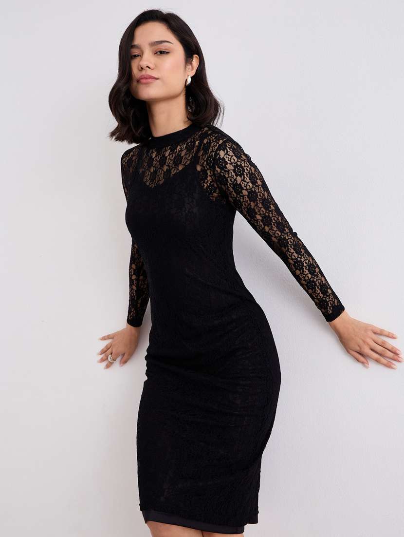 women black long sleeve lace dress with slip - 22083511 - Standard Image - 5