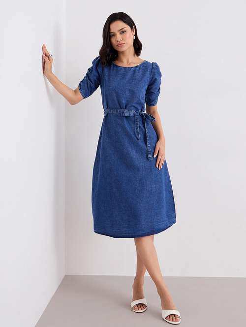 women solid puff sleeve denim a-line dress - 22083512 -  Standard Image - 0
