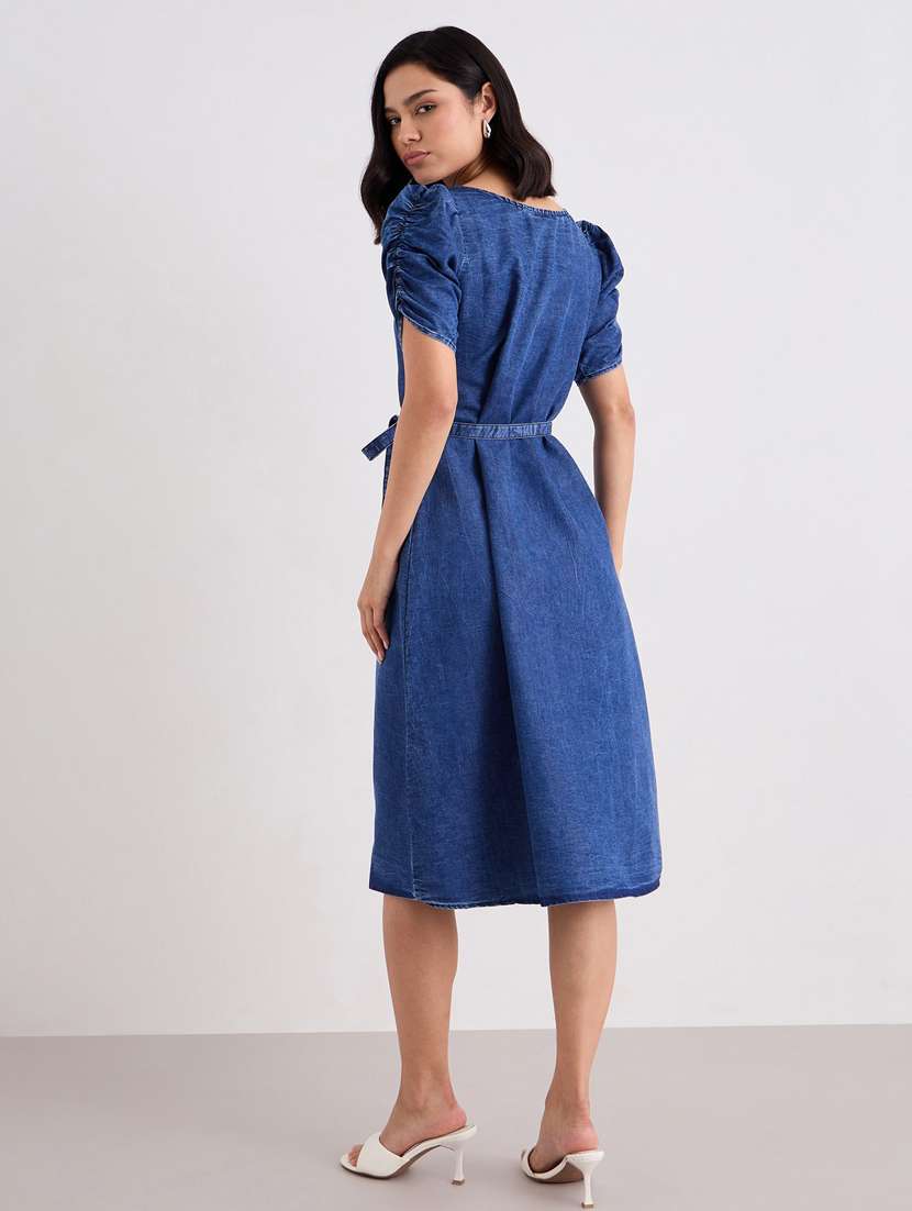 women solid puff sleeve denim a-line dress - 22083512 -  Standard Image - 3