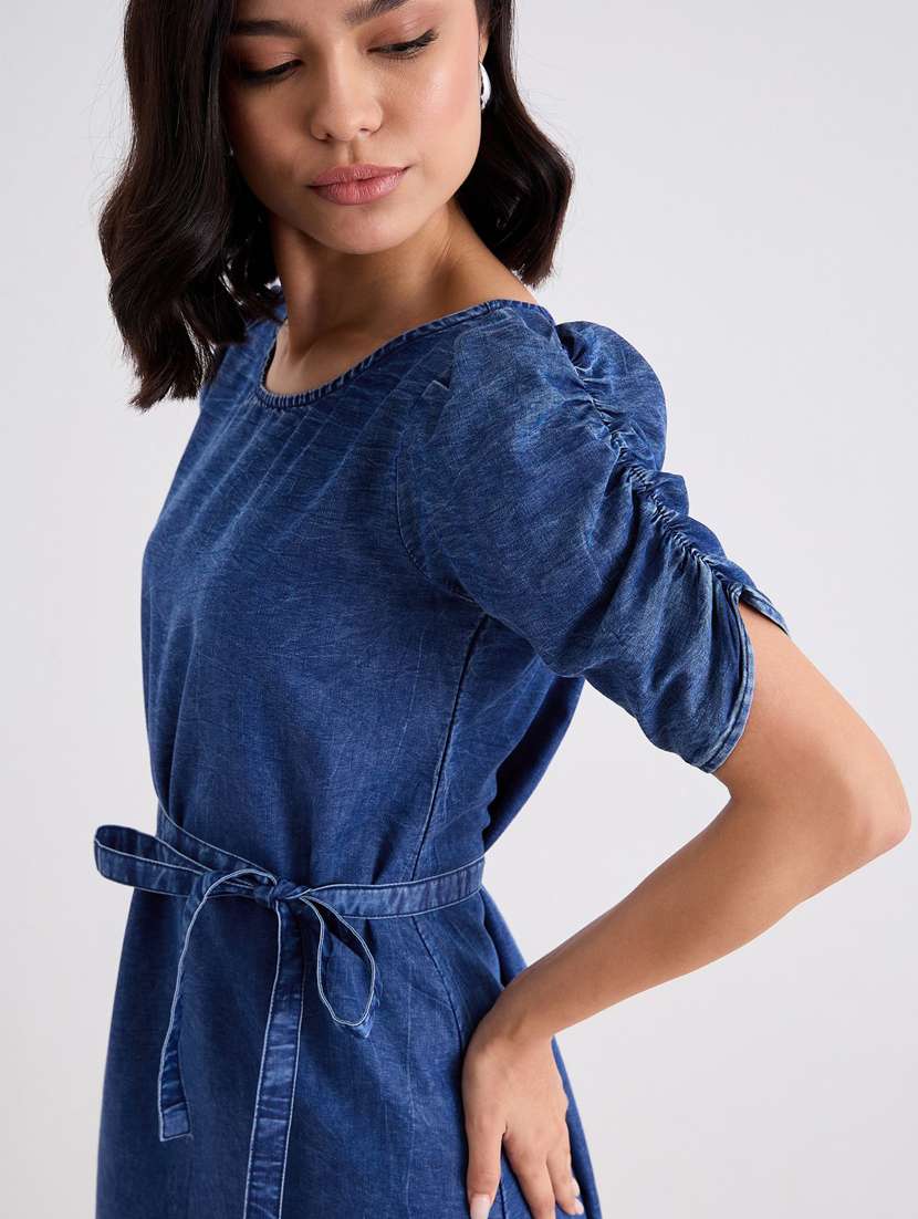 women solid puff sleeve denim a-line dress - 22083512 -  Standard Image - 5