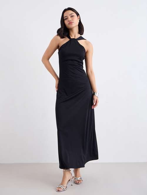 women black solid halter neck sleeveless a-line dress - 22083513 -  Standard Image - 0