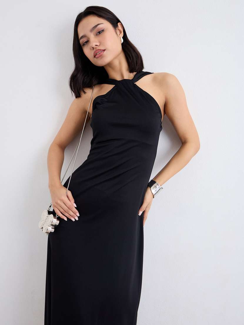 women black solid halter neck sleeveless a-line dress - 22083513 -  Standard Image - 3