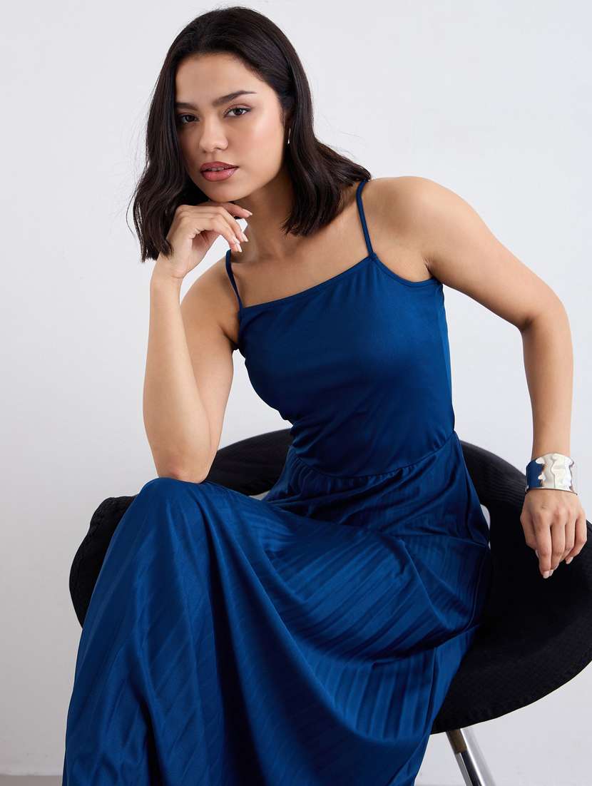 women blue solid shoulder strap a-line dress - 22083514 - Standard Image - 3