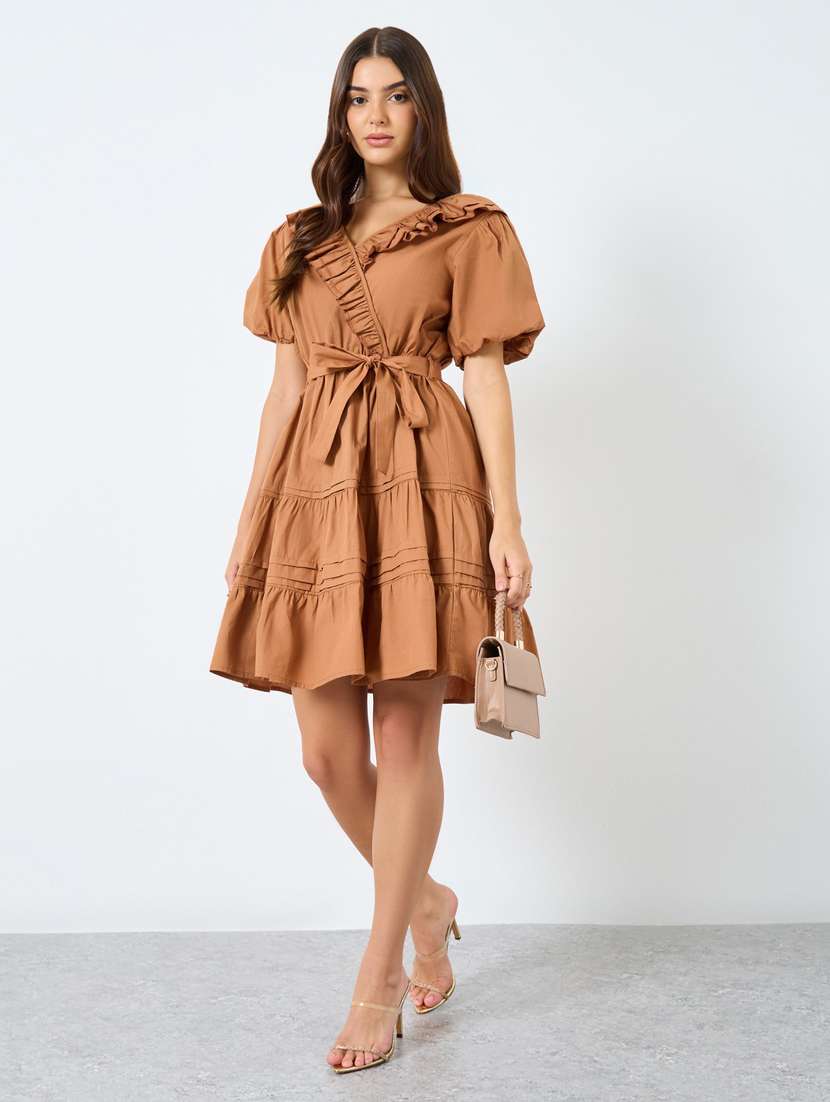 women solid puff sleeve tiered dress