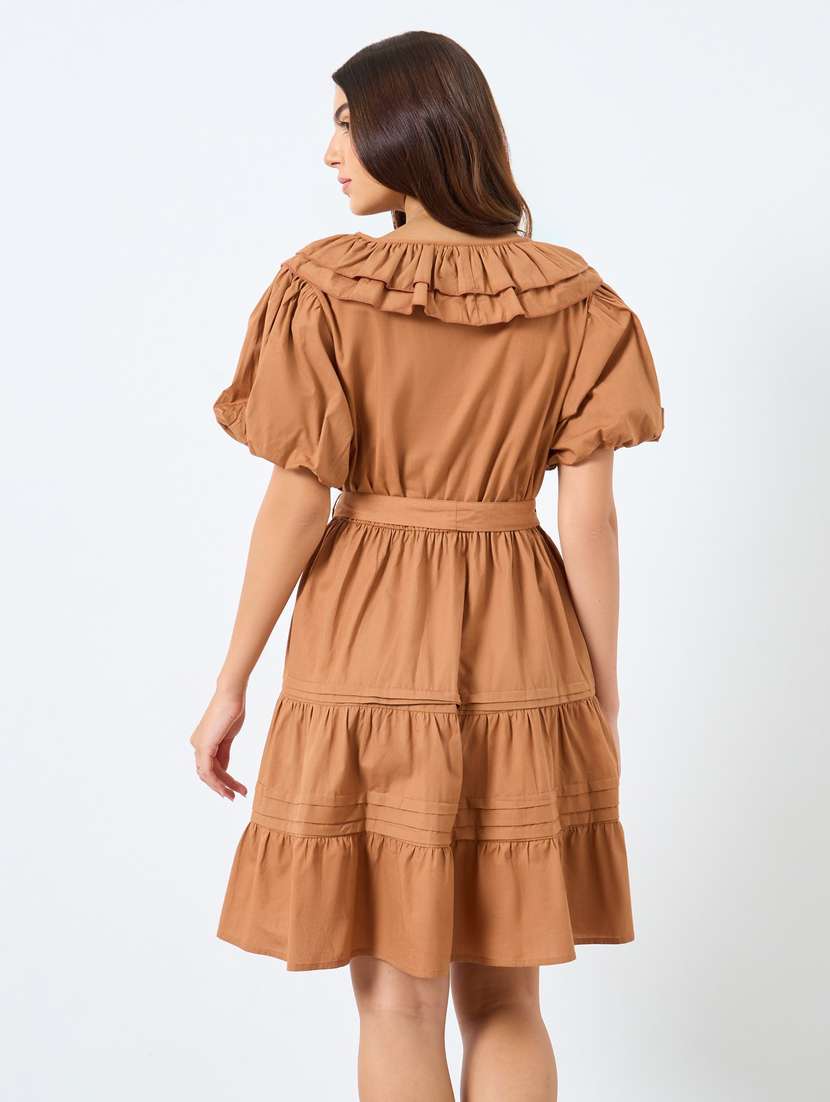 women solid puff sleeve tiered dress - 22083519 -  Standard Image - 3