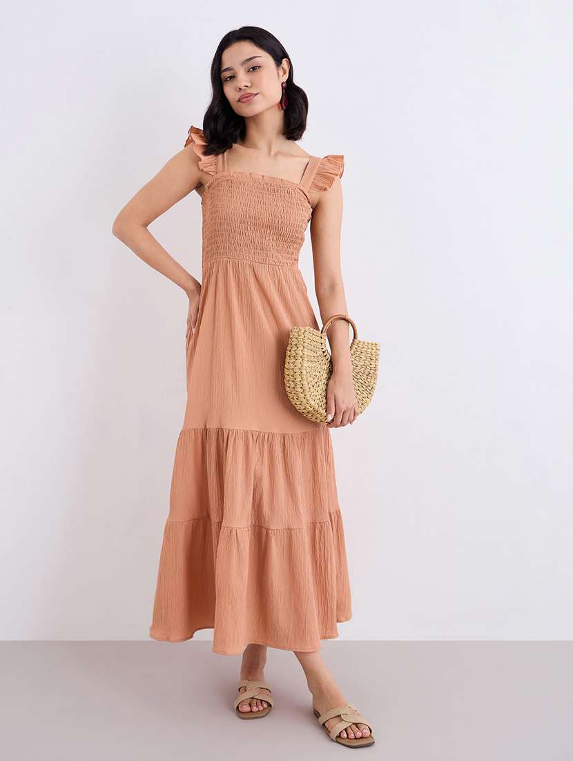women solid sleeveless smocked tiered dress - 22083521 - Zoom Image - 0