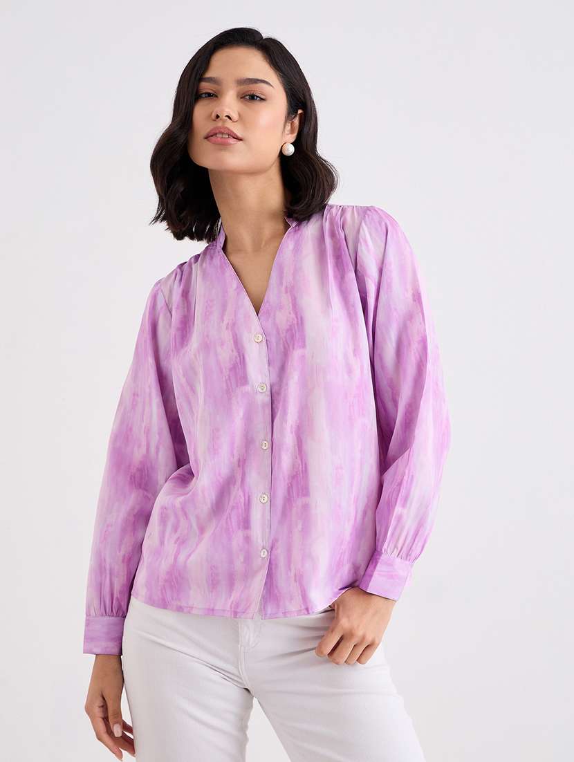 women mandarin collar long sleeve regular fit shirt