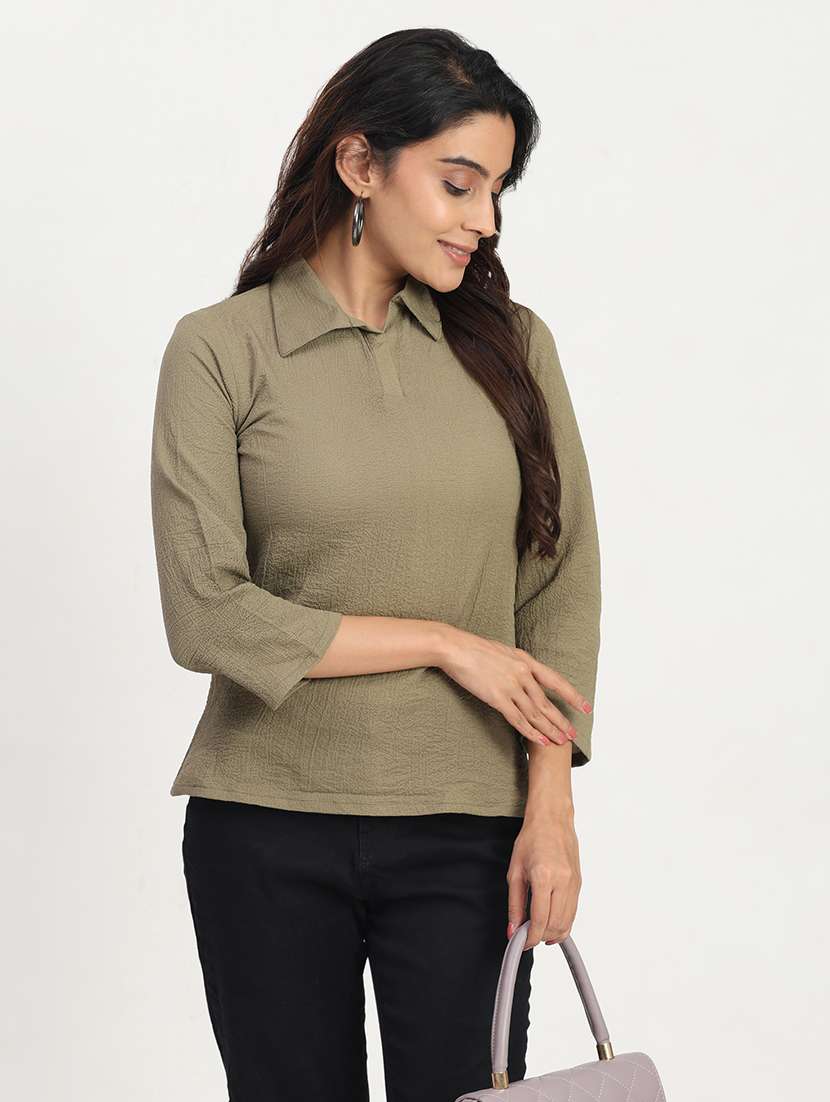 women solid three quarter sleeve collaerd shirt top - 22083548 - Zoom Image - 0