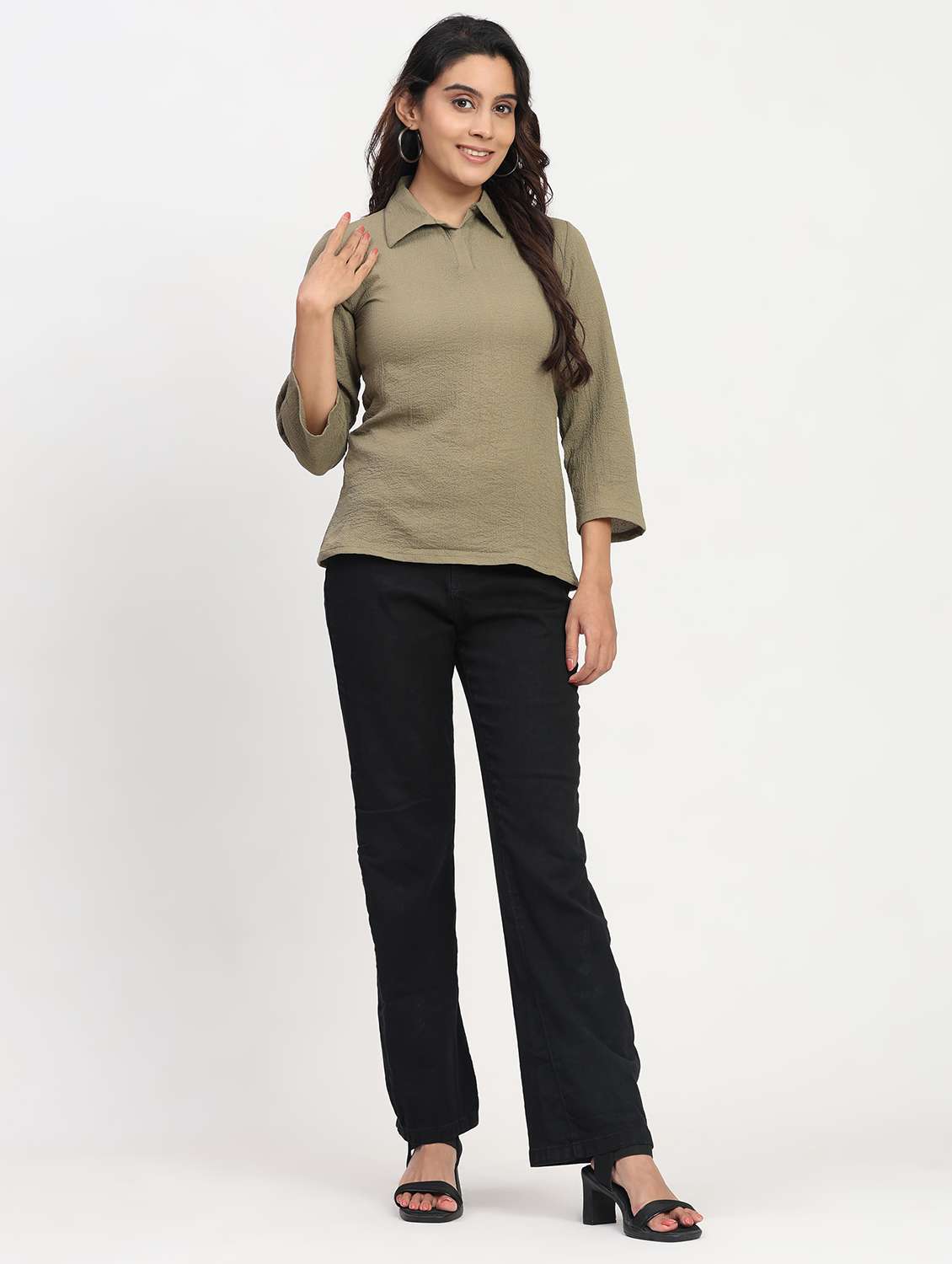 women solid three quarter sleeve collaerd shirt top - 22083548 - Standard Image - 3
