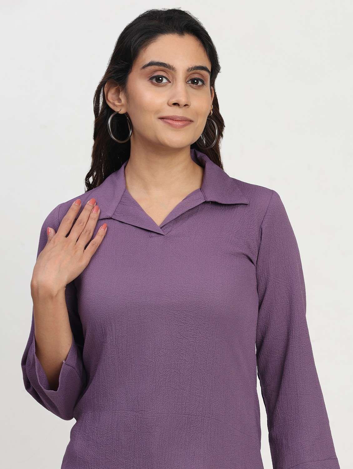 women solid three quarter sleeve collaerd shirt top - 22083549 - Standard Image - 5