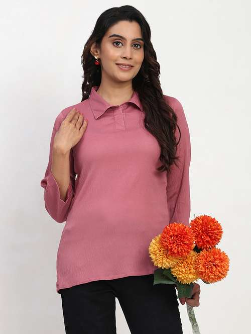 women solid three quarter sleeve collaerd shirt top - 22083550 -  Standard Image - 0