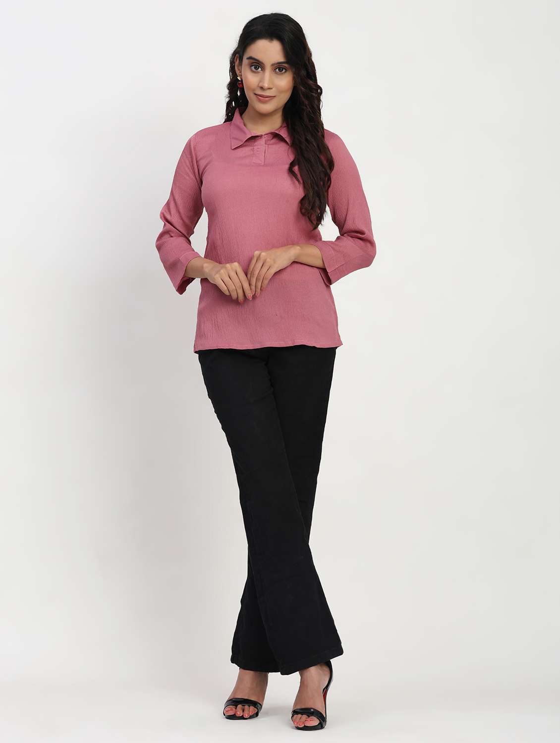 women solid three quarter sleeve collaerd shirt top - 22083550 - Standard Image - 3