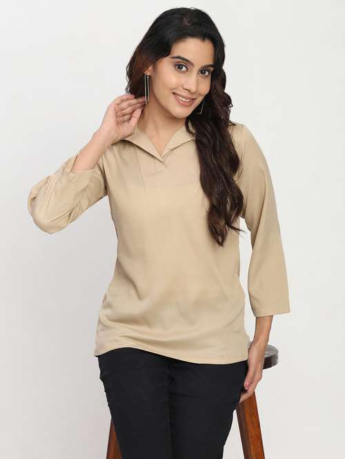 women solid three quarter sleeve collaerd shirt top - 22083552 -  Standard Image - 0