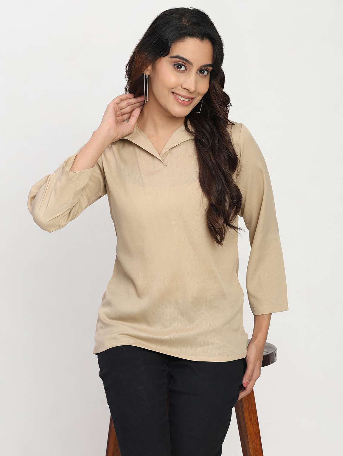 women solid three quarter sleeve collaerd shirt top - 22083552 -  Zoom Image - 0