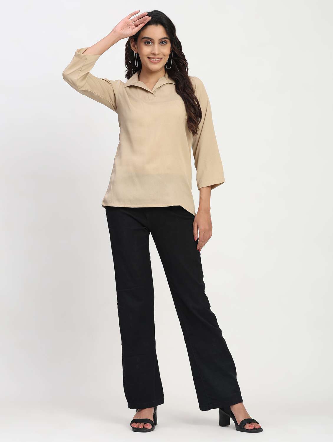 women solid three quarter sleeve collaerd shirt top - 22083552 - Standard Image - 3
