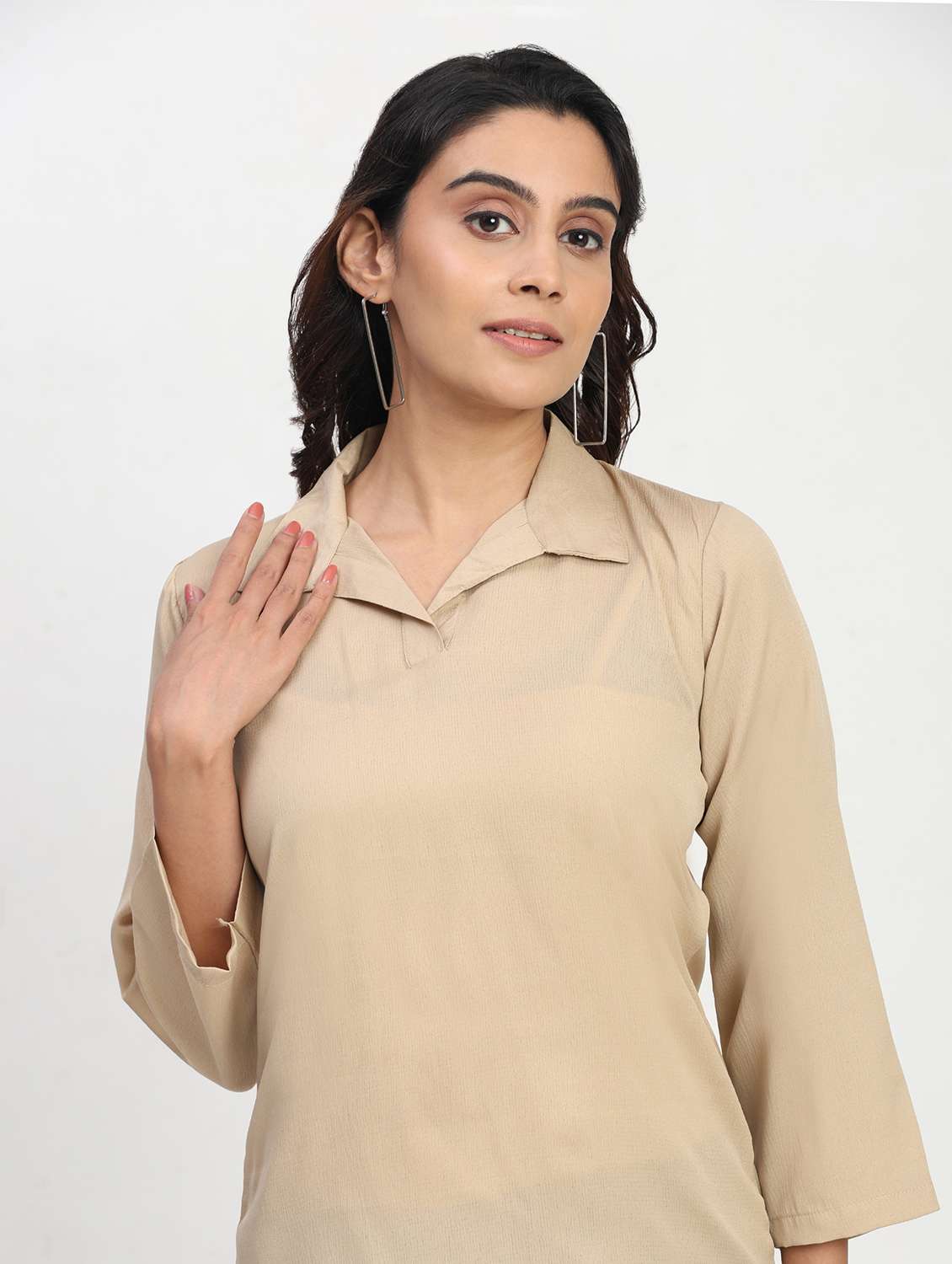 women solid three quarter sleeve collaerd shirt top - 22083552 - Standard Image - 5