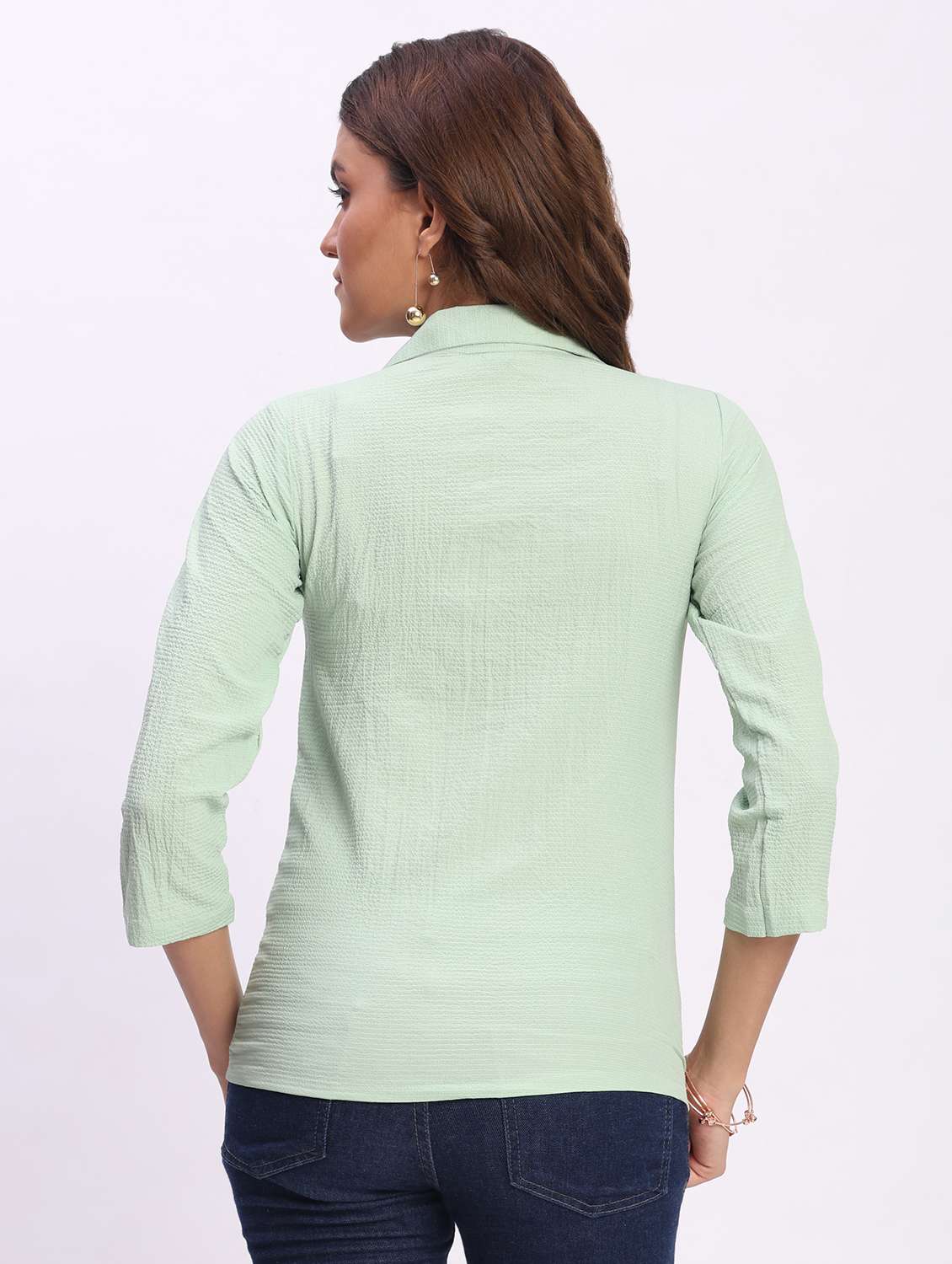 women solid three quarter sleeve collaerd shirt top - 22083553 - Standard Image - 3
