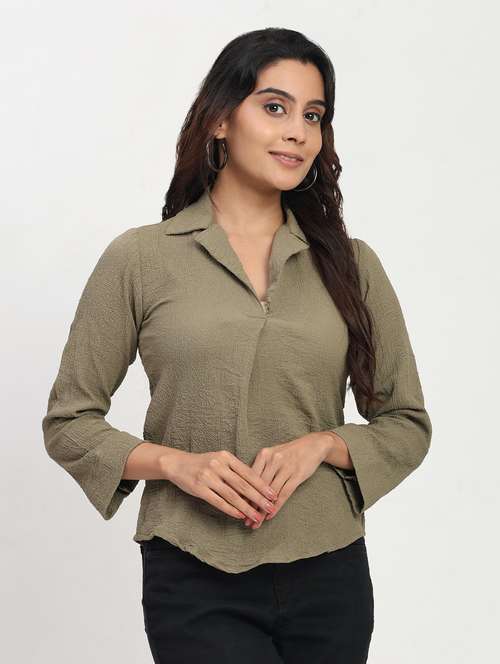 women solid long sleeve lapel collar shirt top - 22083554 - Standard Image - 0