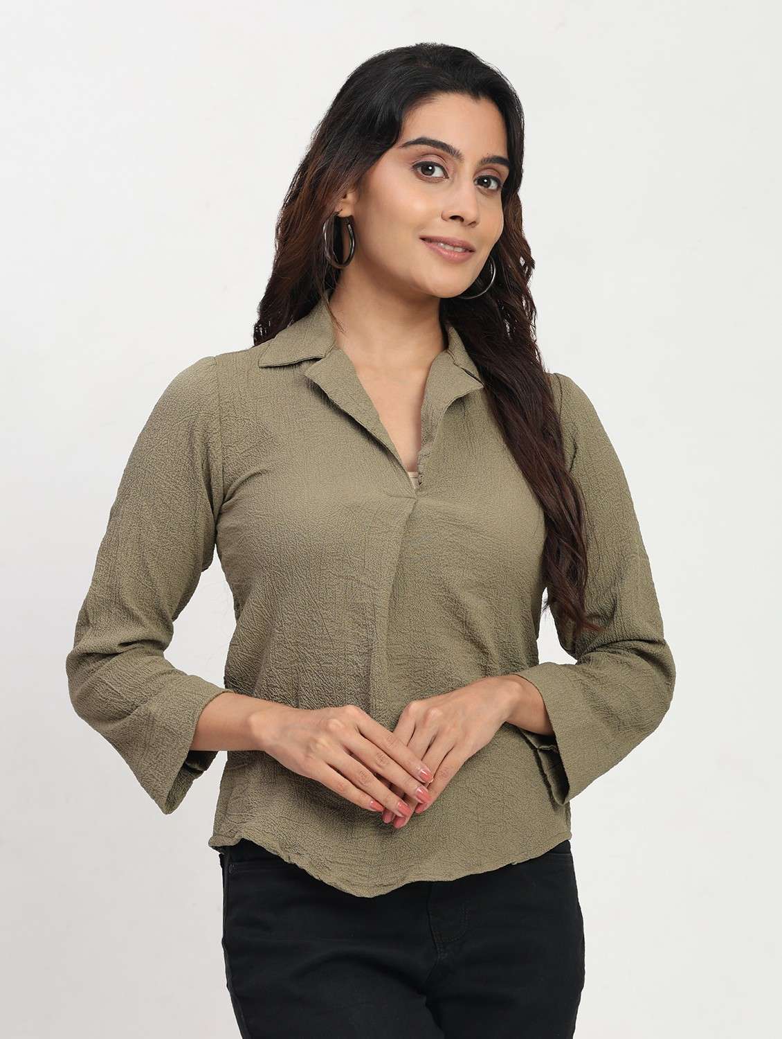 women solid long sleeve lapel collar shirt top - 22083554 - Zoom Image - 0