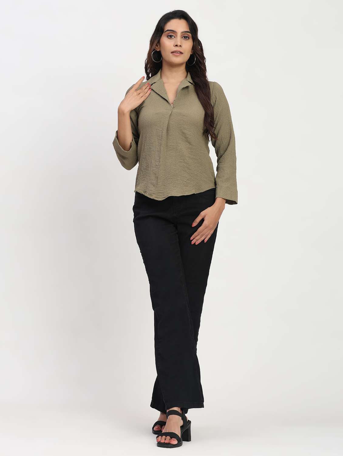 women solid long sleeve lapel collar shirt top - 22083554 - Standard Image - 3